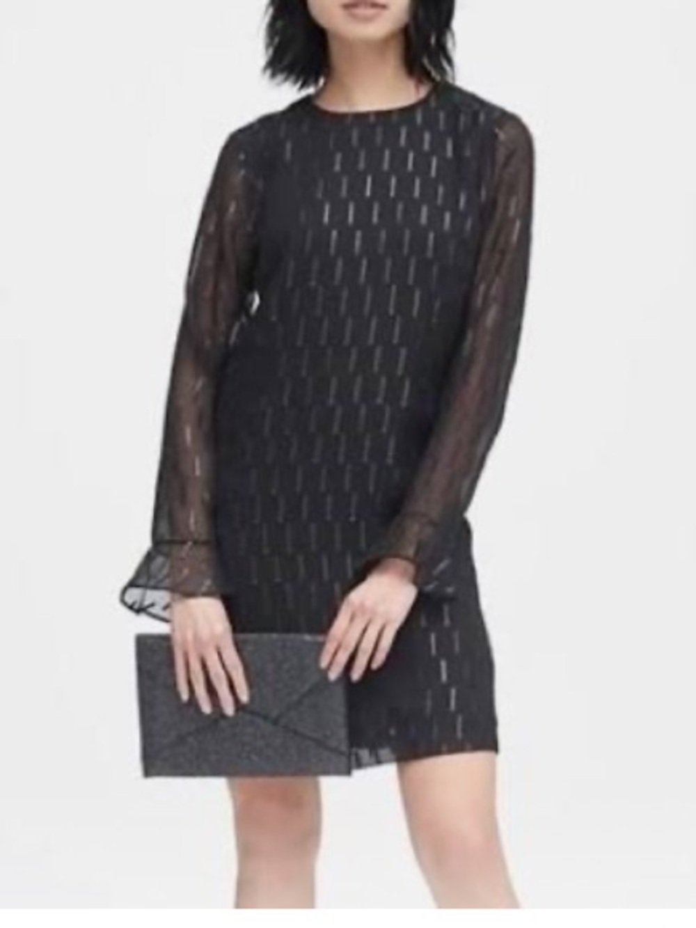 Banana Republic Ruffle Cuff Shift Dress In Black With Metallic Size 00p